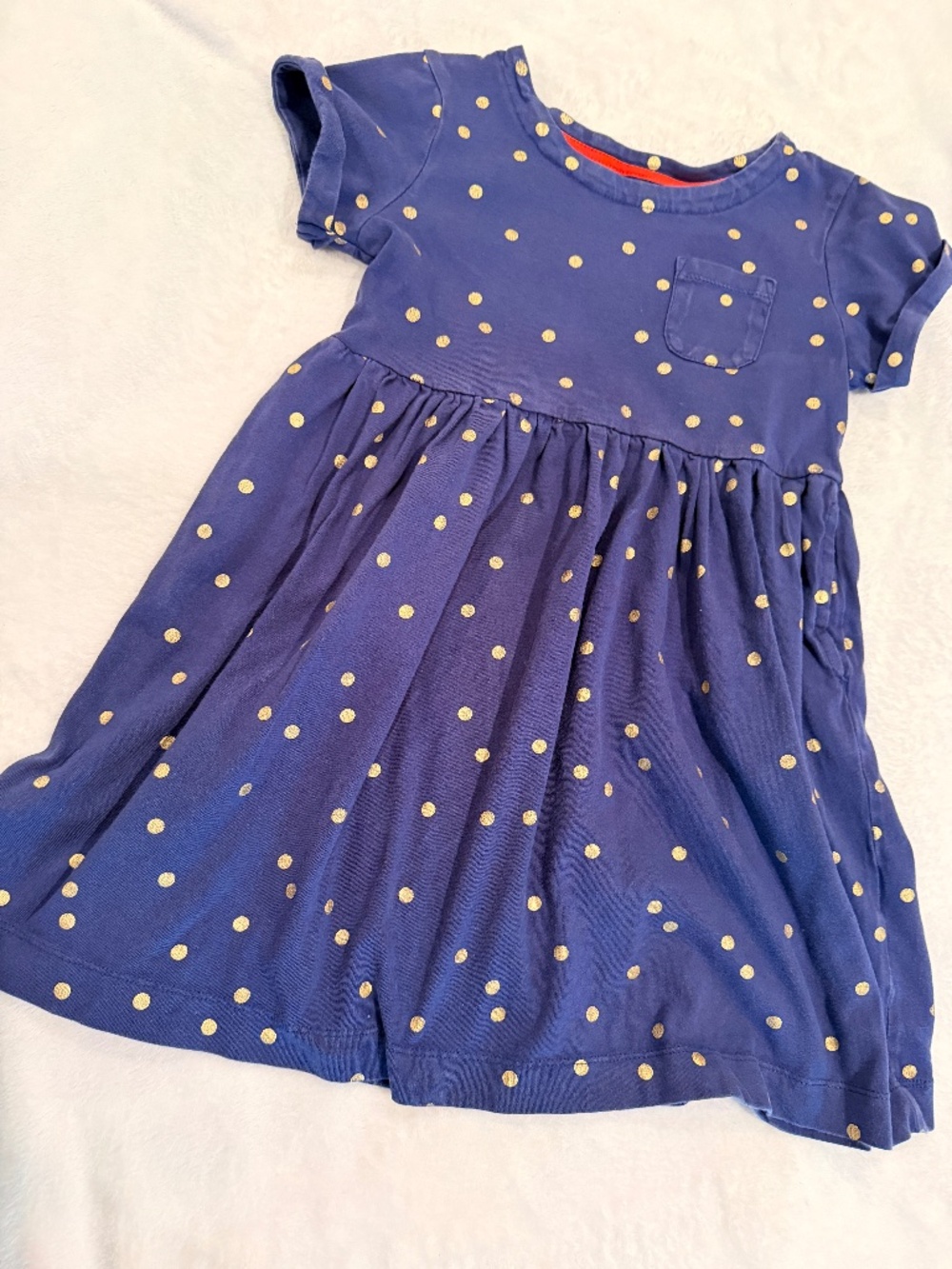 Mini Boden Kids Print Cotton Dress Blue with Gold dots 7/8